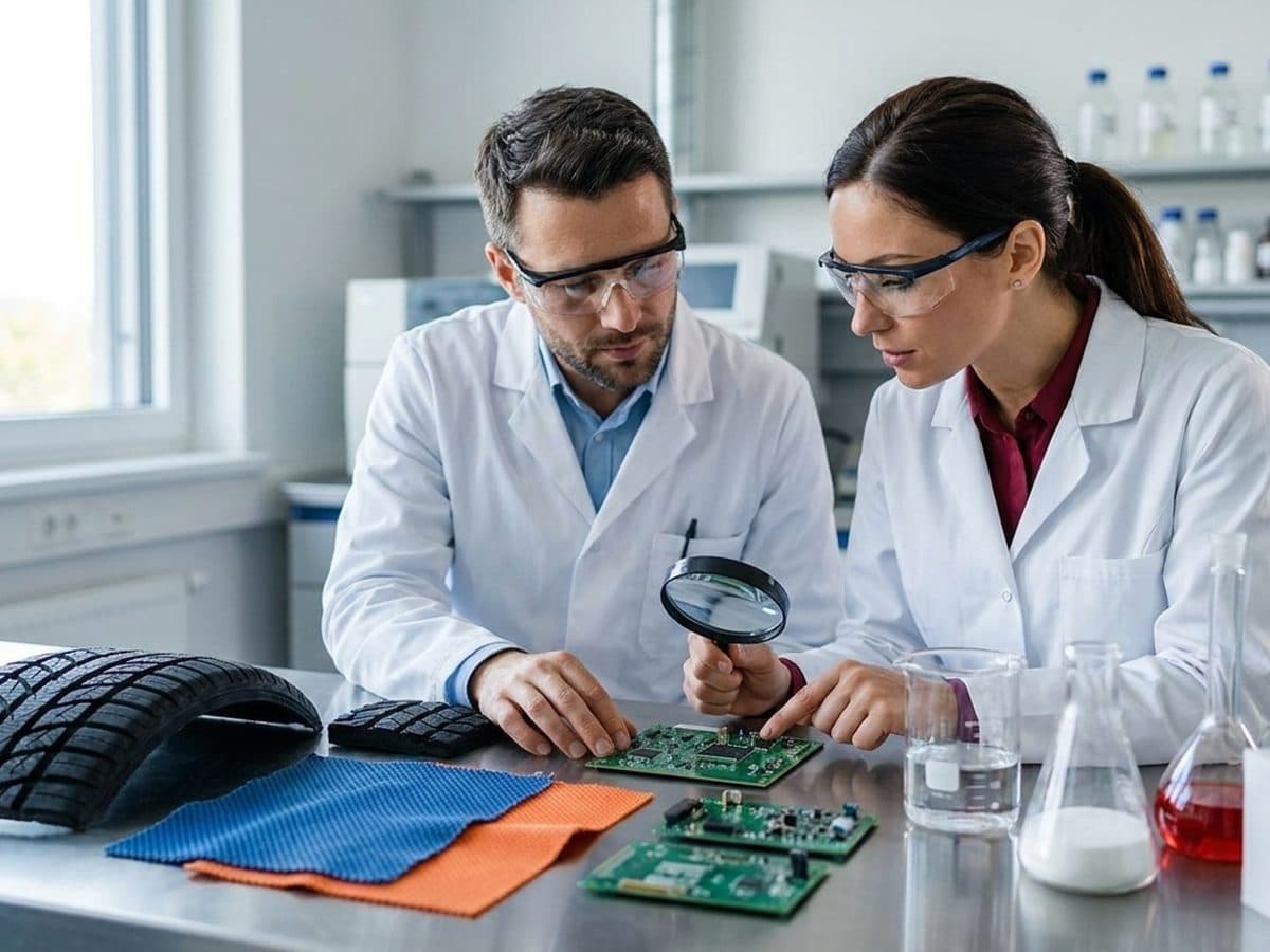 Compliance specialists reviewing chemical components in a laboratory