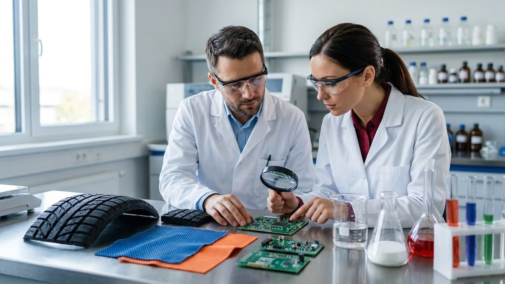 Compliance specialists reviewing chemical components in a laboratory