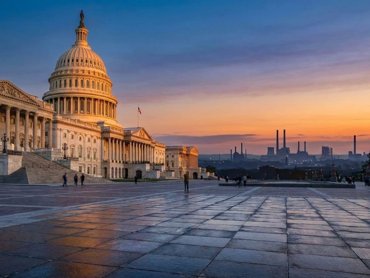 United States Capitol building with industrial manufacturing in the distance