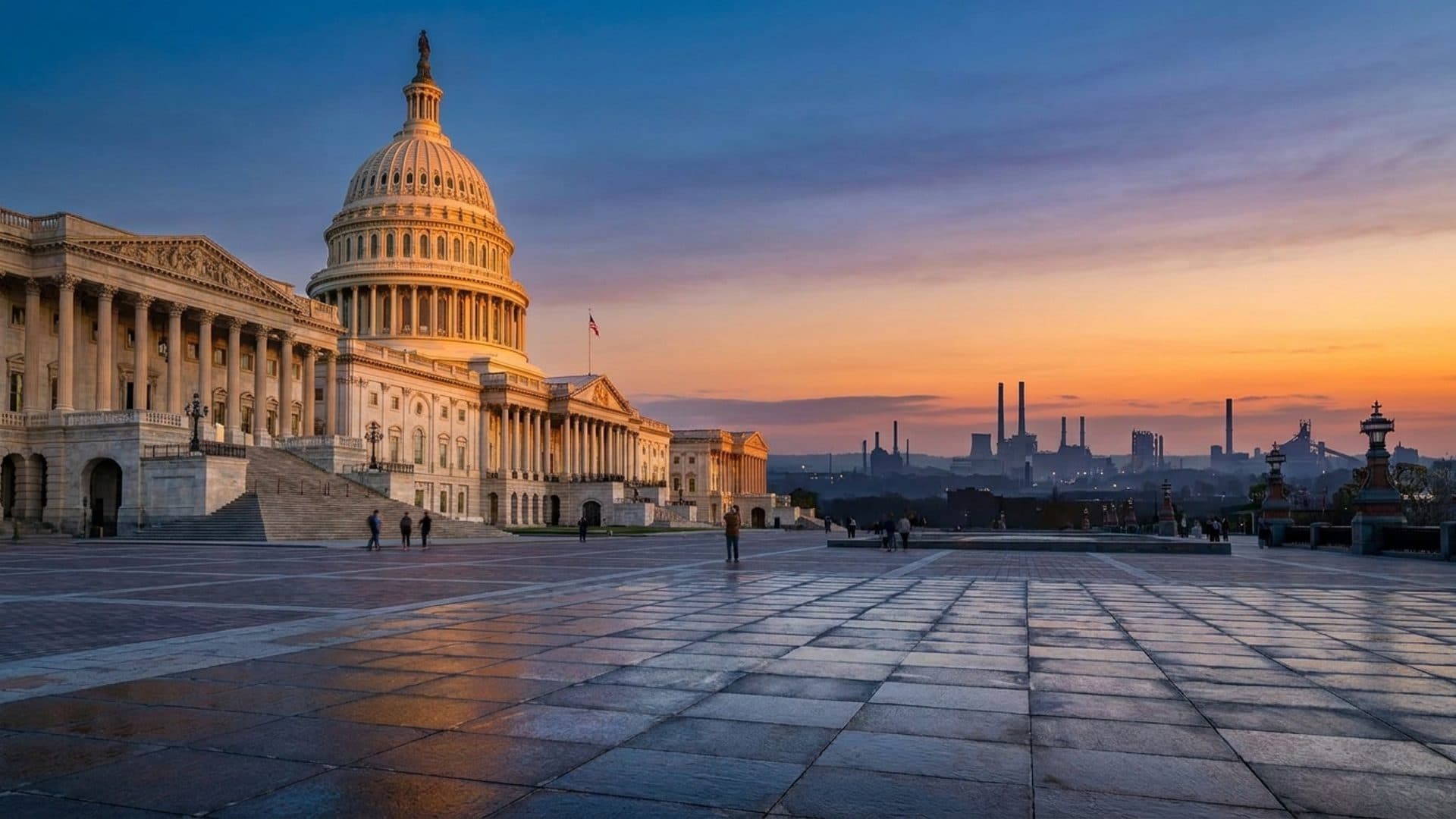 United States Capitol building with industrial manufacturing in the distance