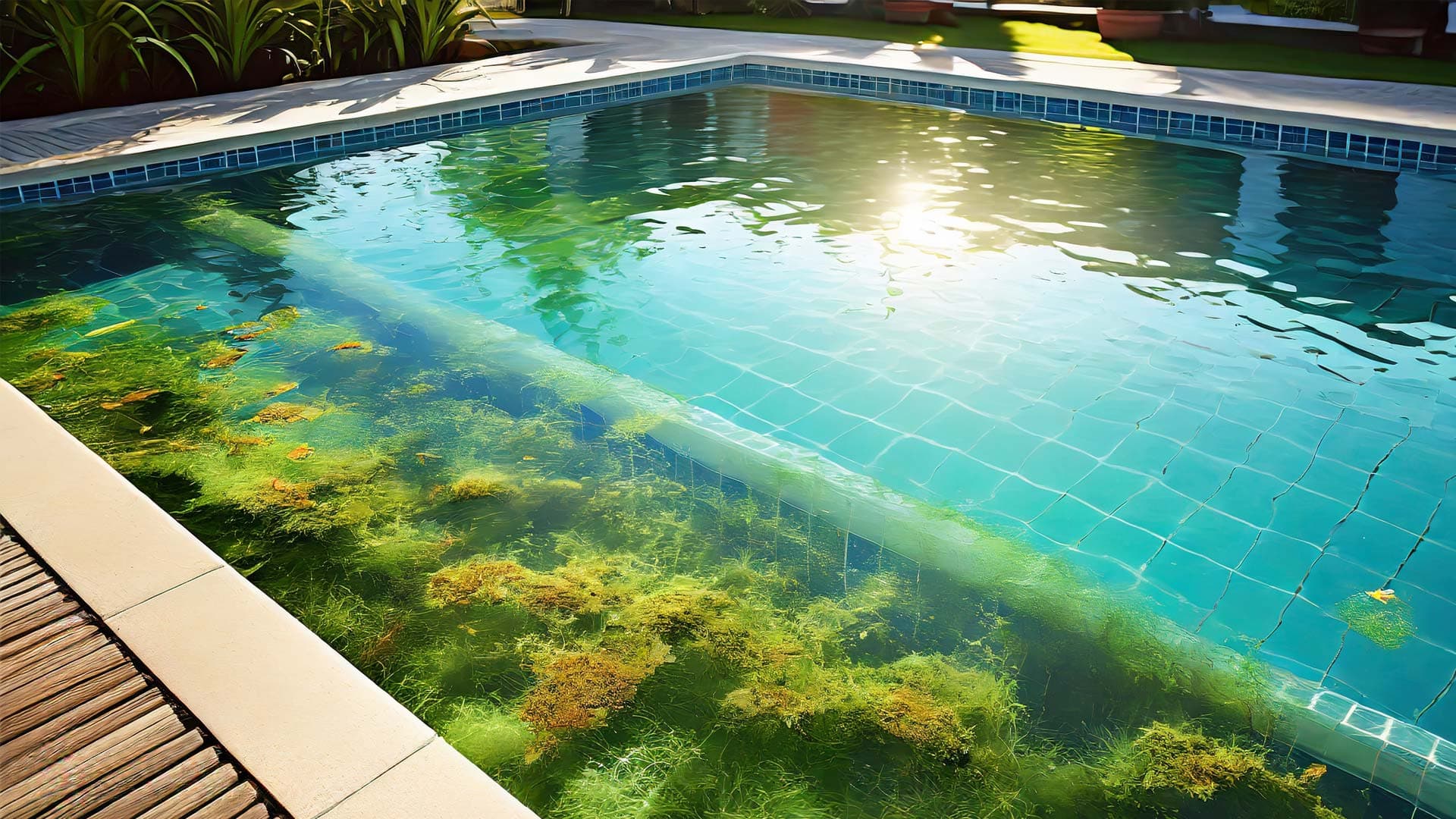 Outside swimming pool with algae on the surface