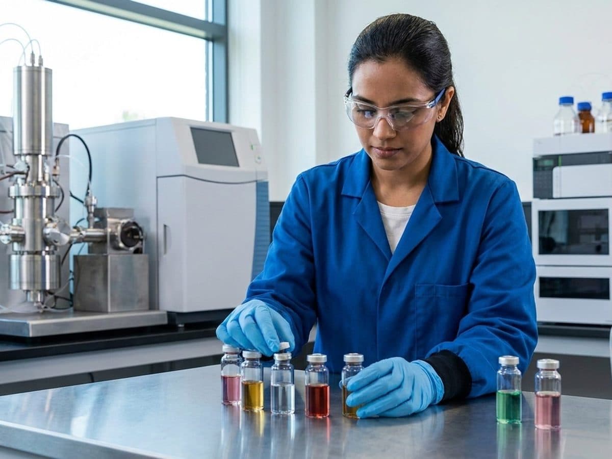Regulatory scientist reviewing chemical samples in an analytical laboratory