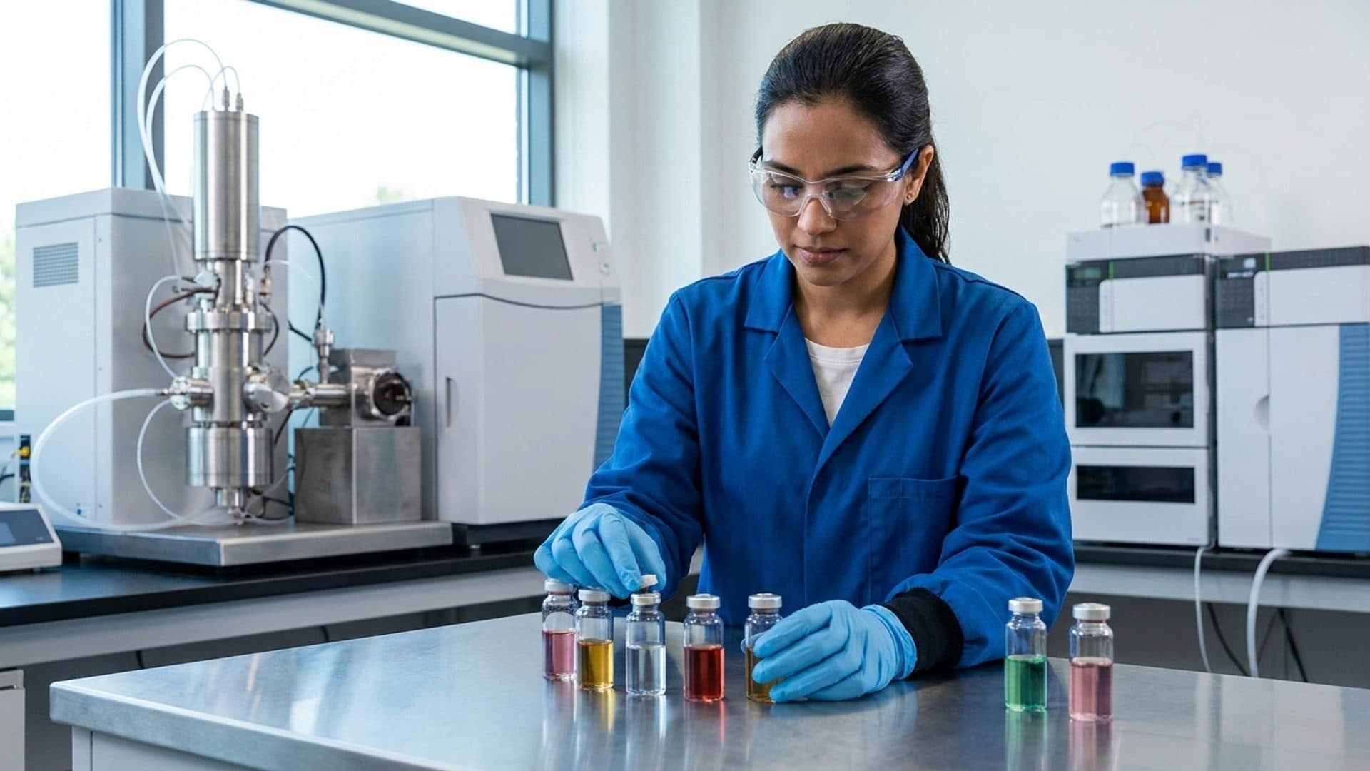 Regulatory scientist reviewing chemical samples in an analytical laboratory