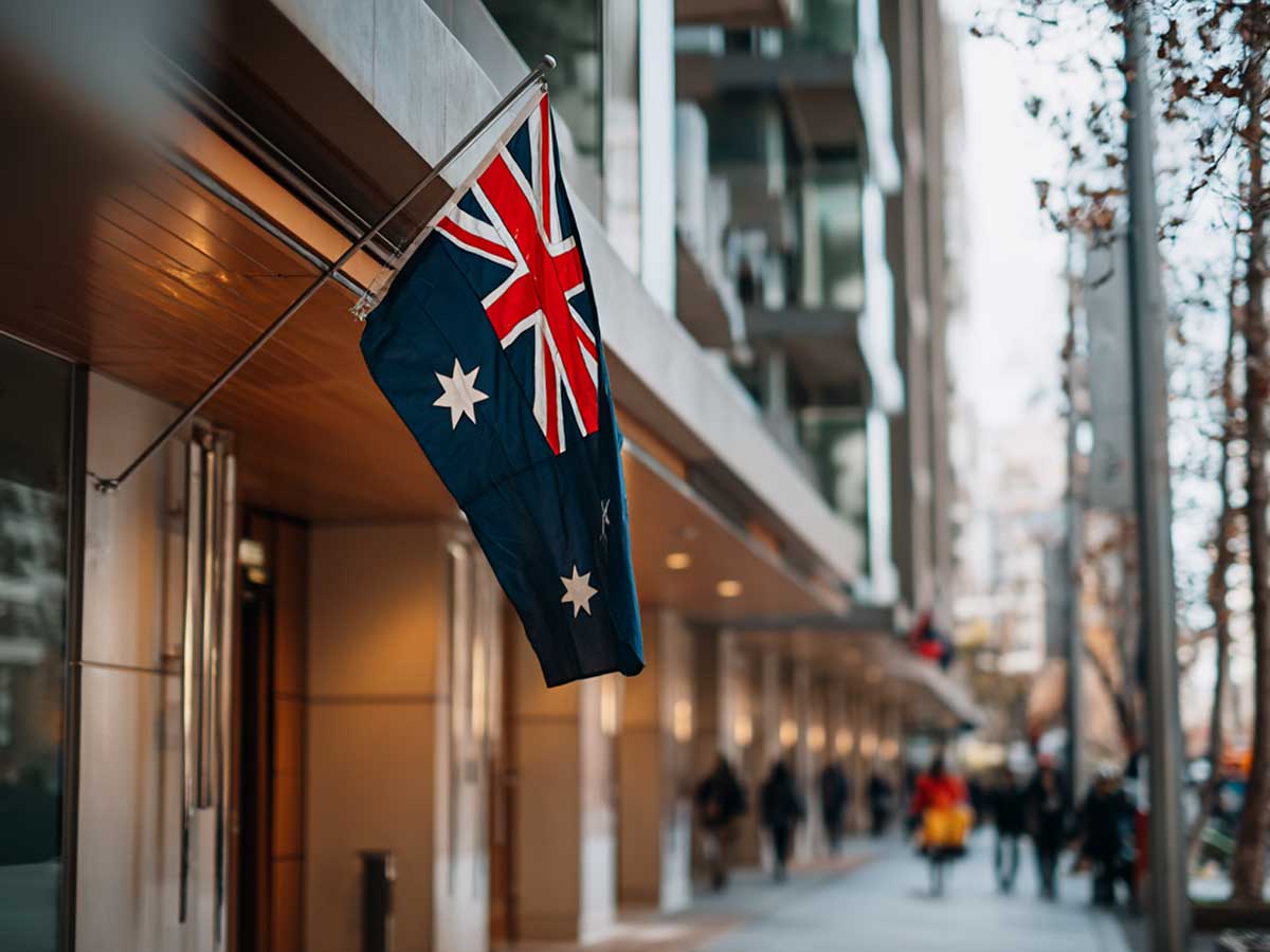 Australis flag outside building