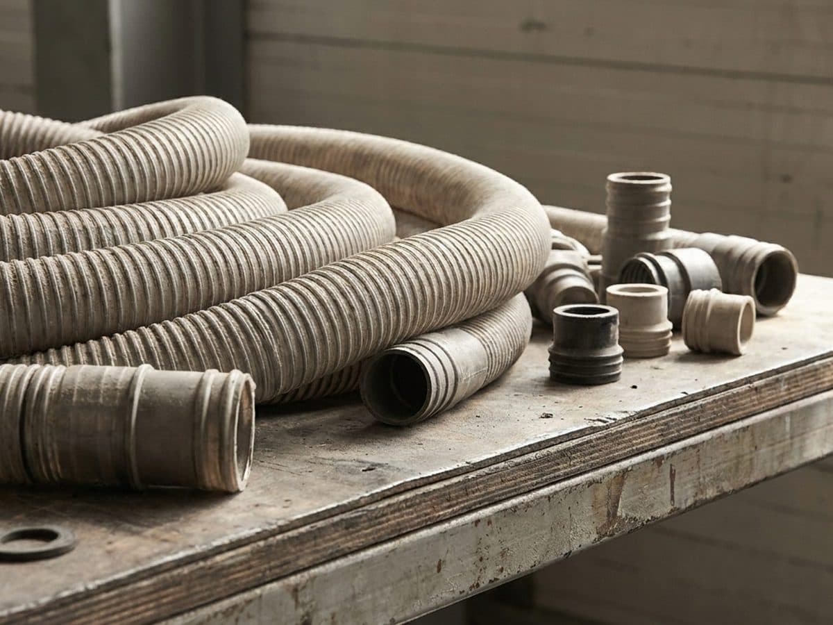 Generic flexible tubing and polymer components on a worktable.