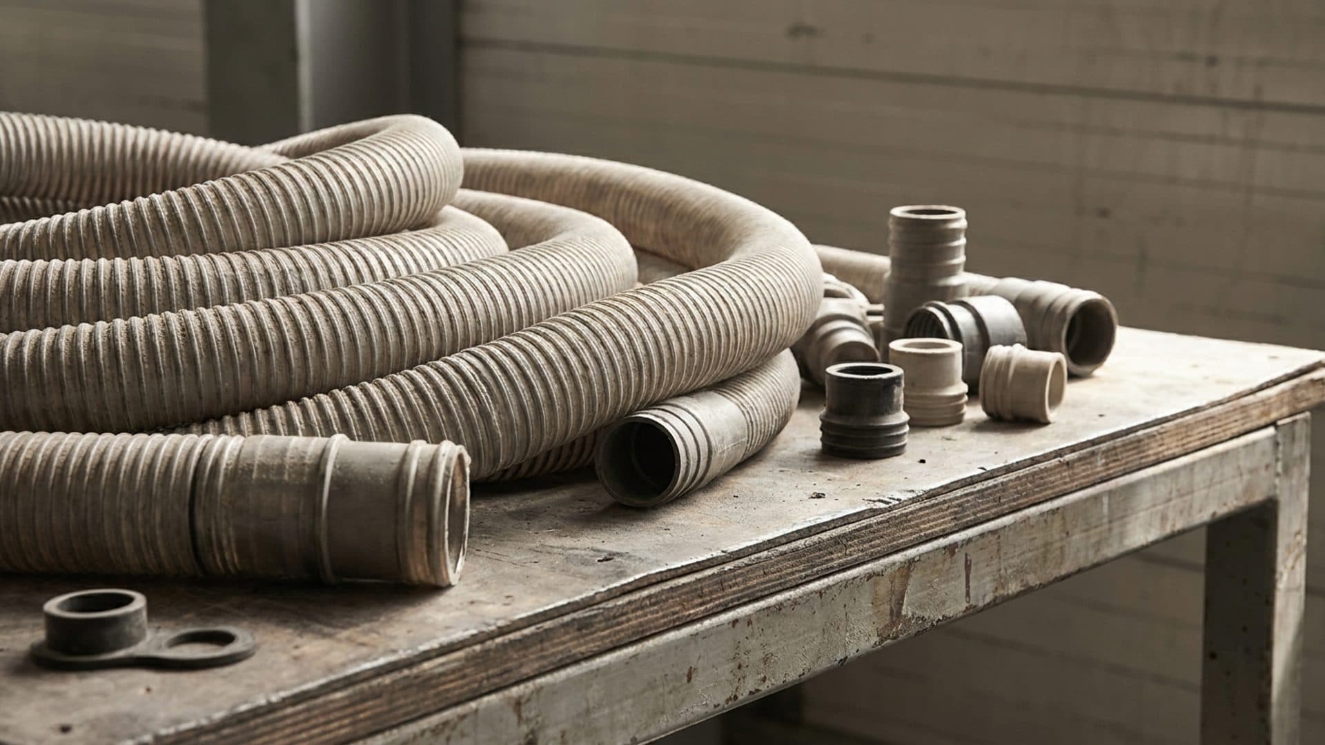 Generic flexible tubing and polymer components on a worktable.