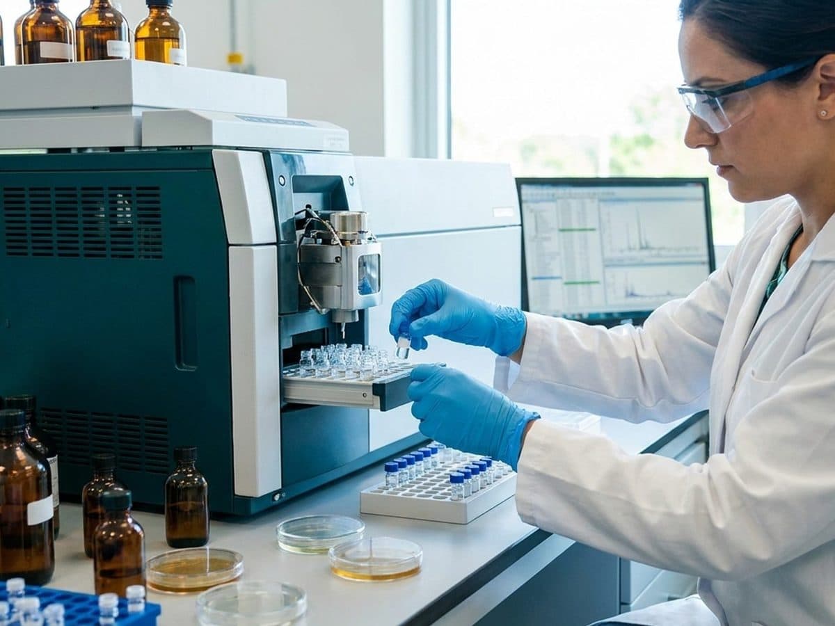 Environmental scientist screening samples in an analytical laboratory