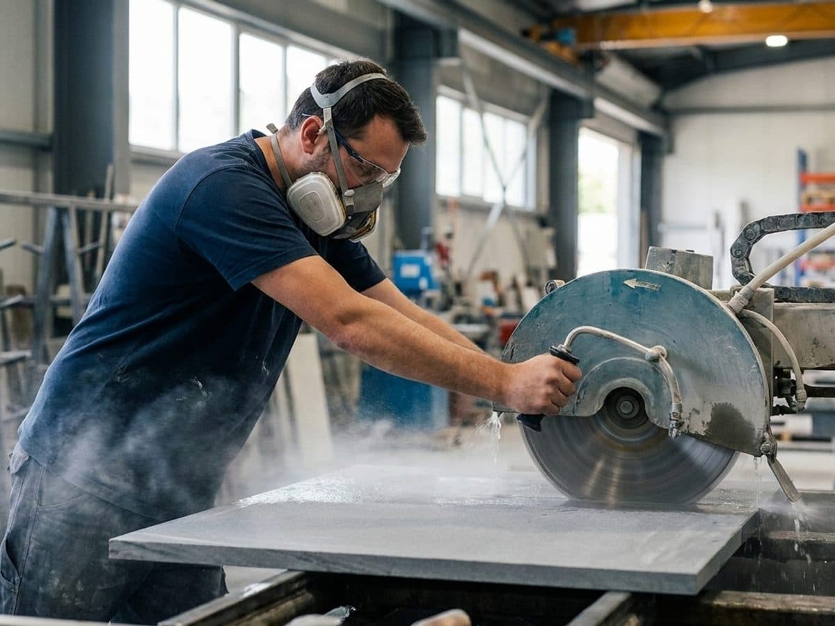 Worker using wet cutting and respiratory protection in a stone workshop