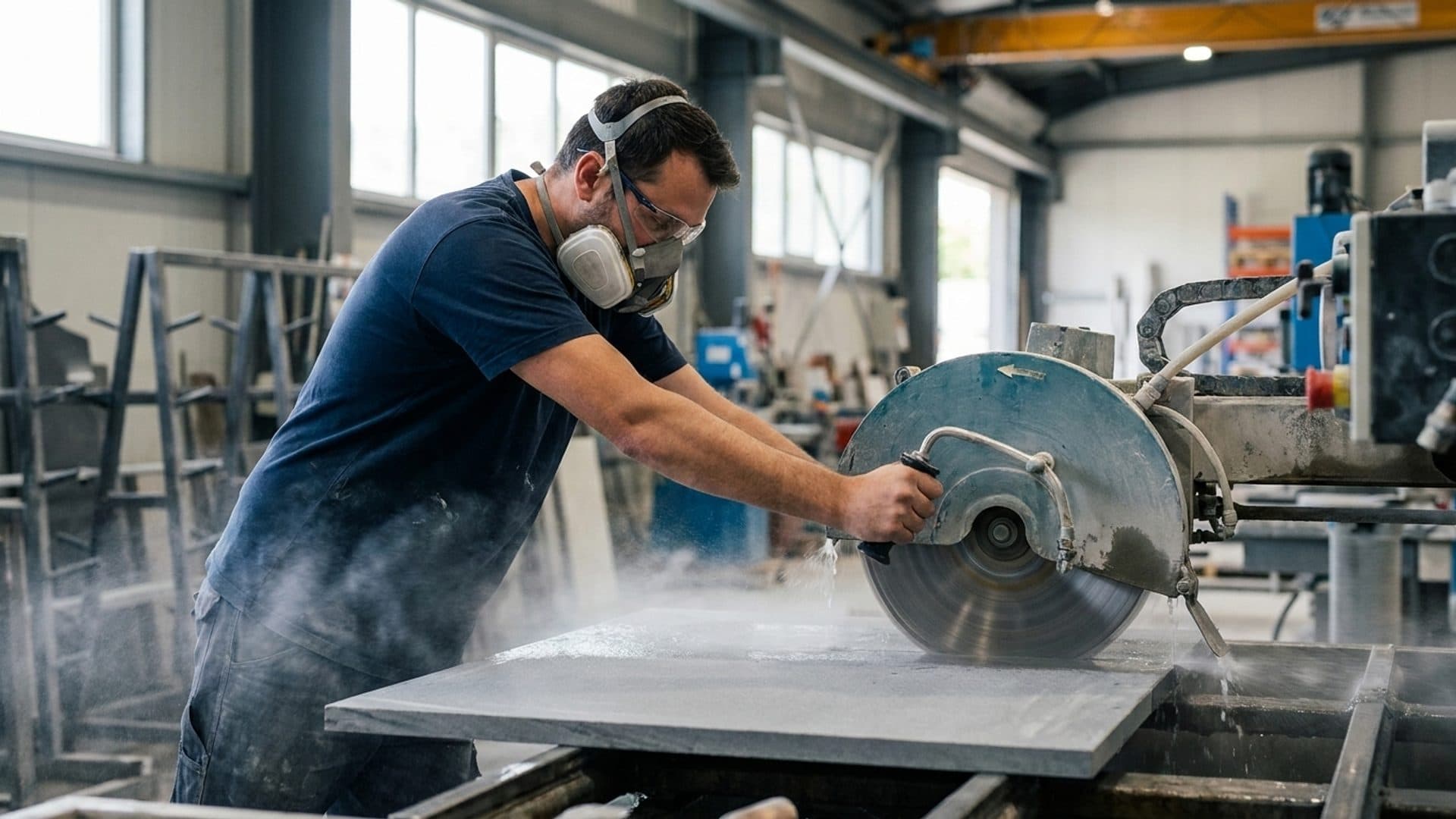 Worker using wet cutting and respiratory protection in a stone workshop