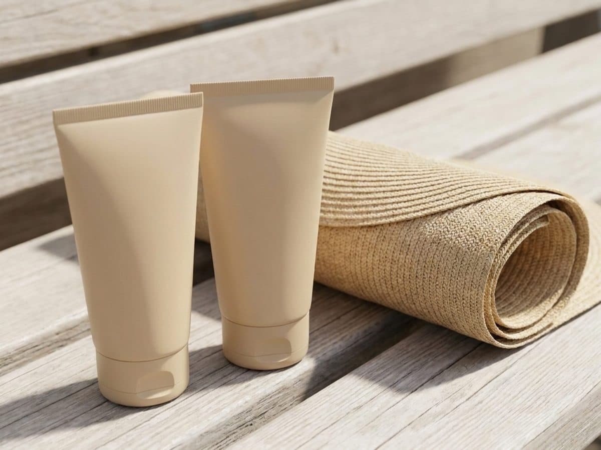 Plain sunscreen tubes beside a sun hat on an outdoor bench