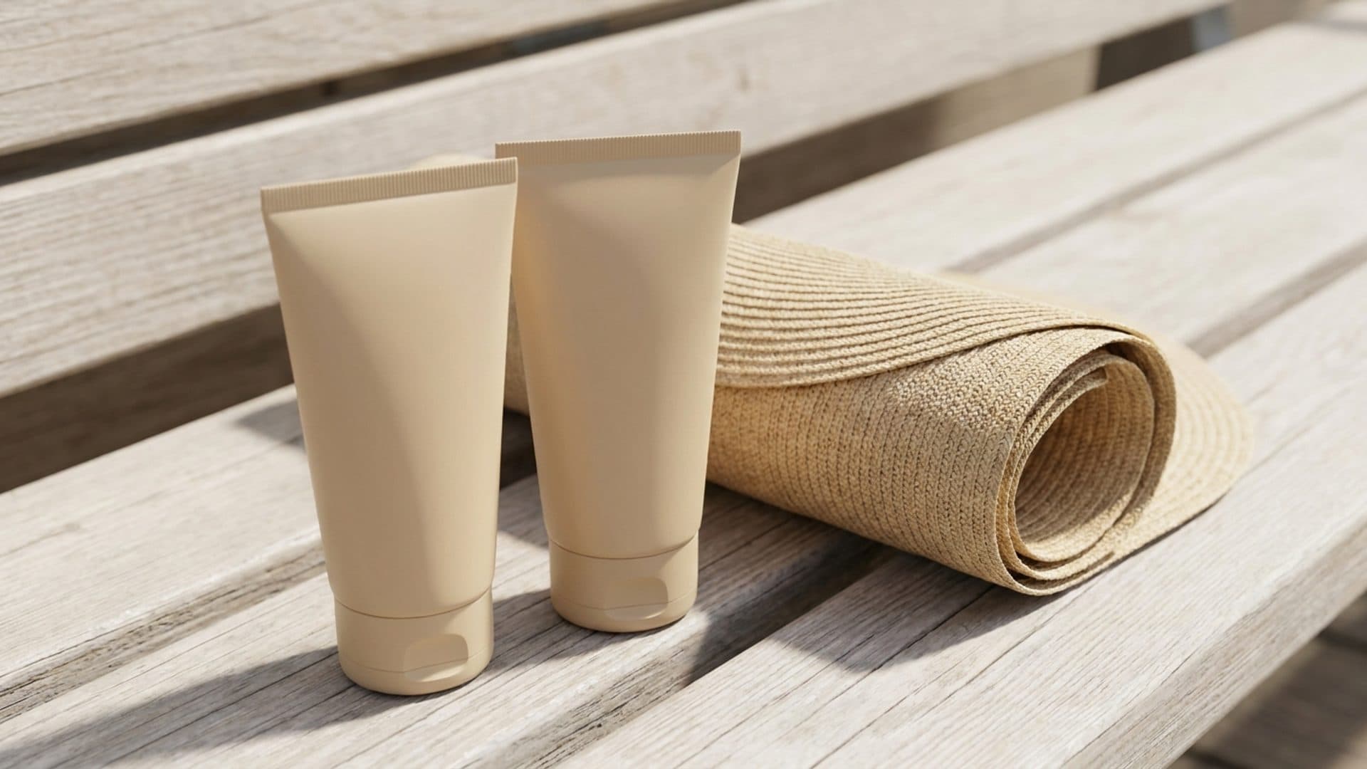Plain sunscreen tubes beside a sun hat on an outdoor bench