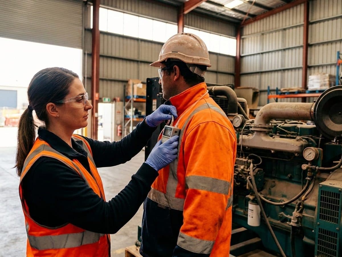 Occupational hygienist fitting air-monitoring equipment near diesel machinery