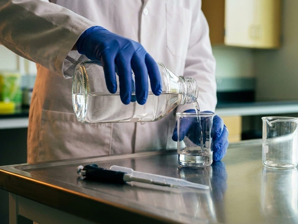 Scientist preparing agricultural active ingredient samples in a quality laboratory