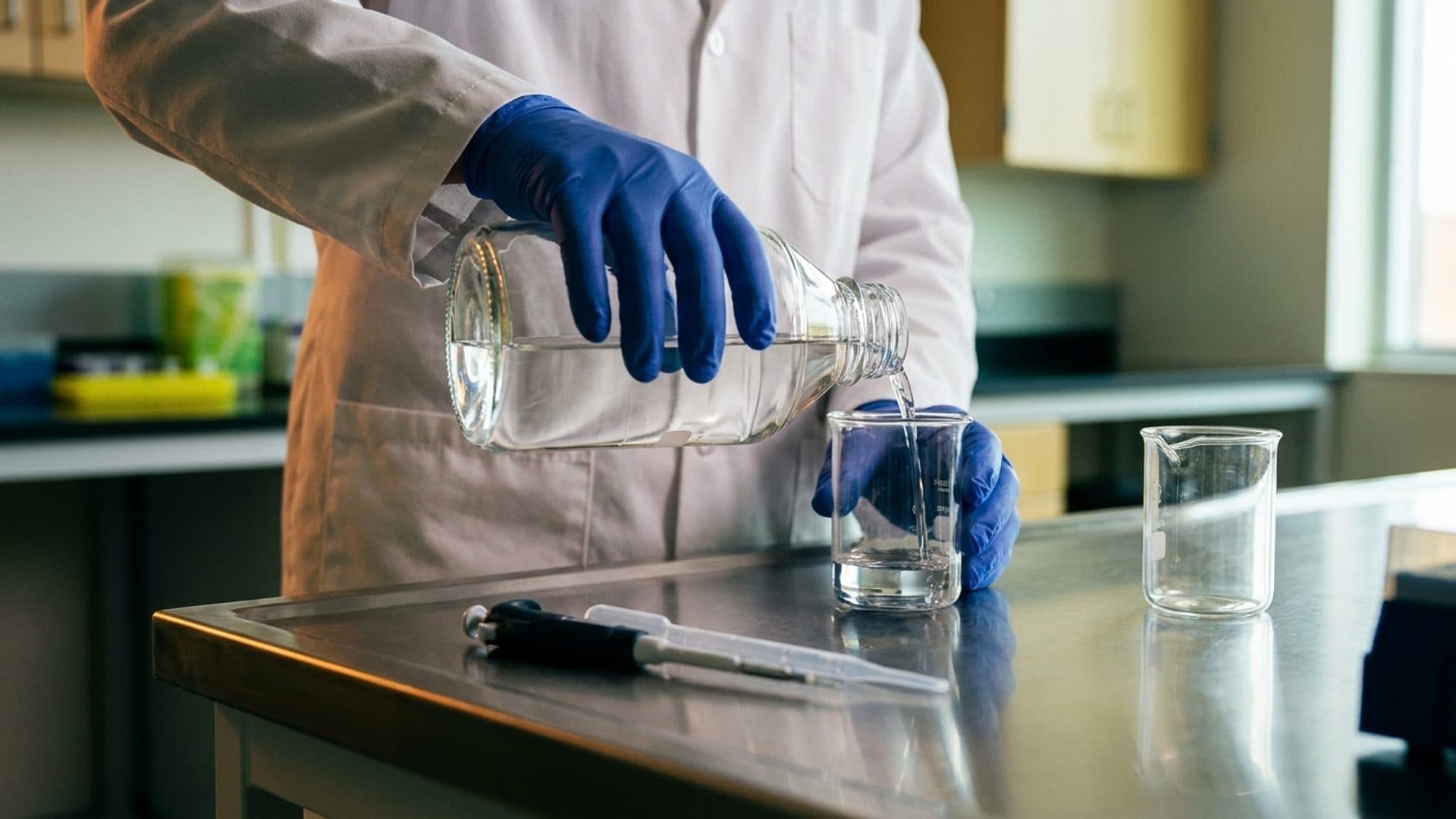 Scientist preparing agricultural active ingredient samples in a quality laboratory