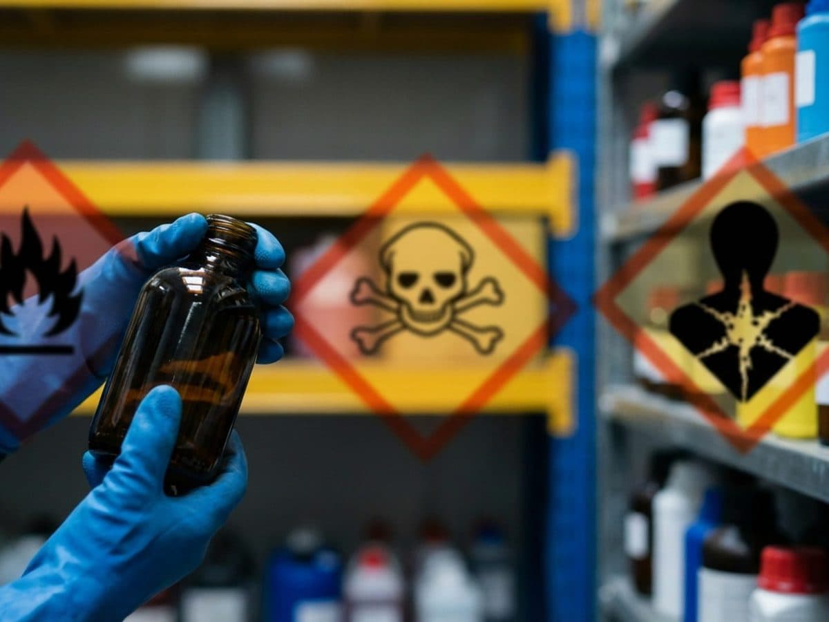 Gloved hands handling a generic chemical container in storage