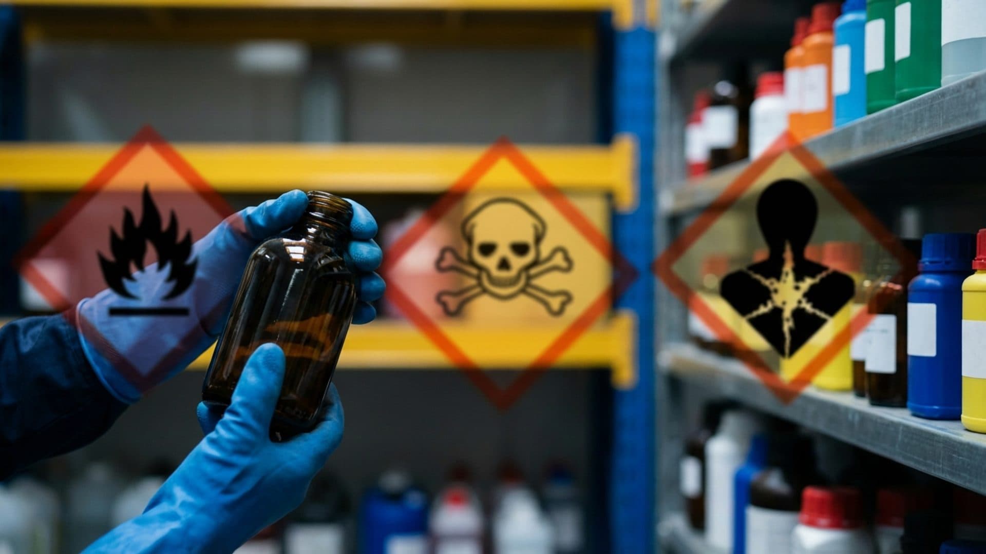 Gloved hands handling a generic chemical container in storage