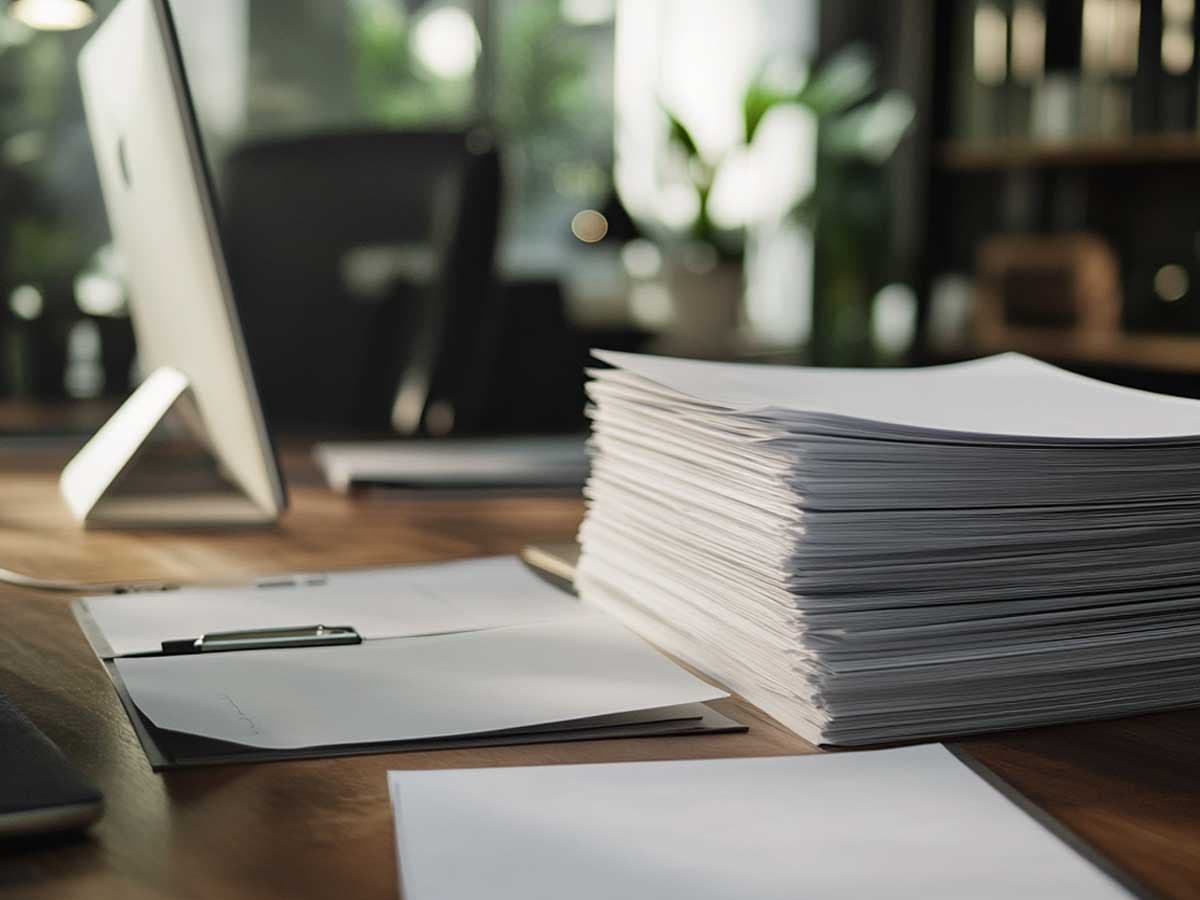 Stack of paper on a desk