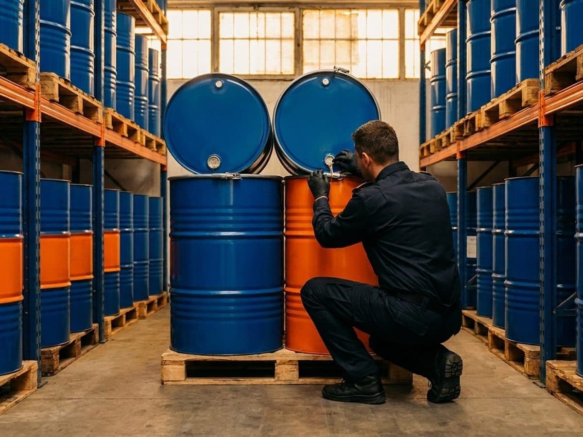 Customs inspector checking chemical drums in a secured warehouse