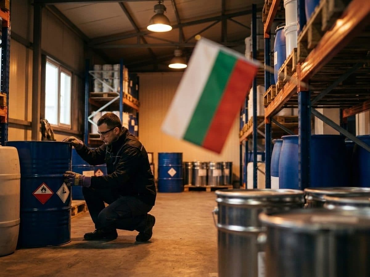 Safety specialist inspecting chemical containers in a Bulgarian warehouse