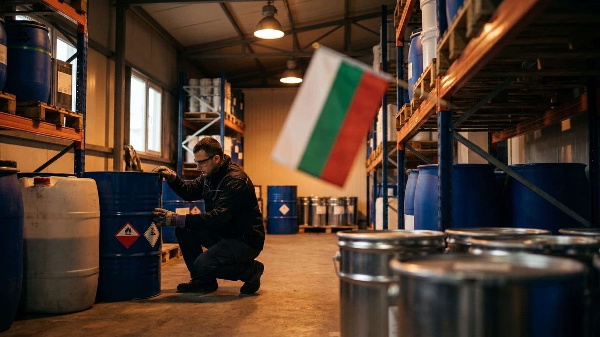 Safety specialist inspecting chemical containers in a Bulgarian warehouse