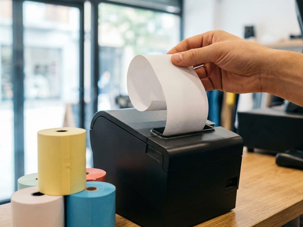 Thermal receipt printer and paper rolls at a retail checkout counter