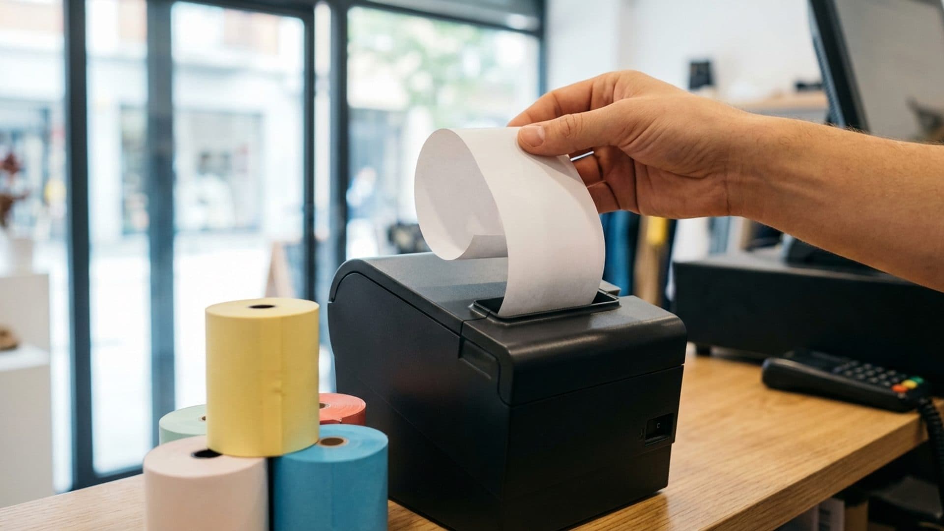 Thermal receipt printer and paper rolls at a retail checkout counter