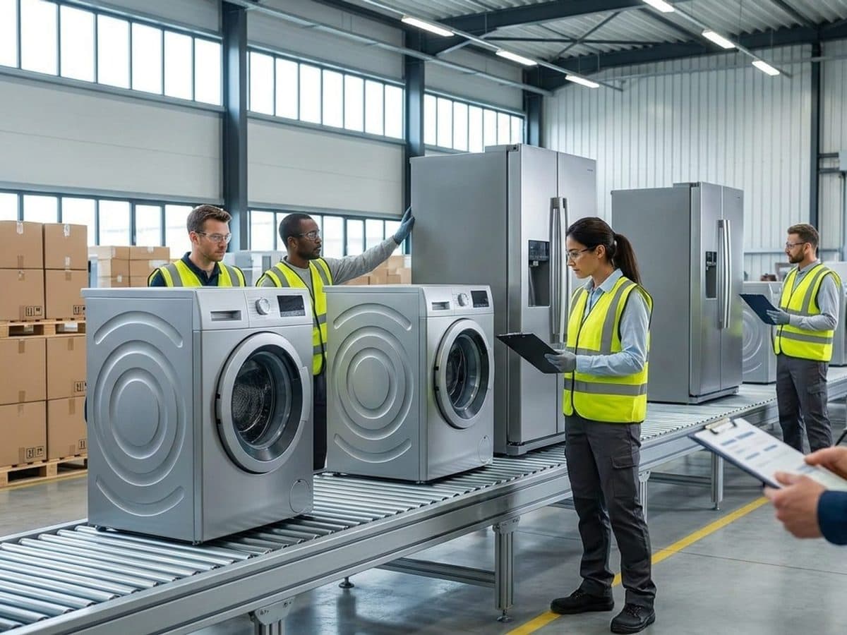 Appliances moving through a modern distribution warehouse