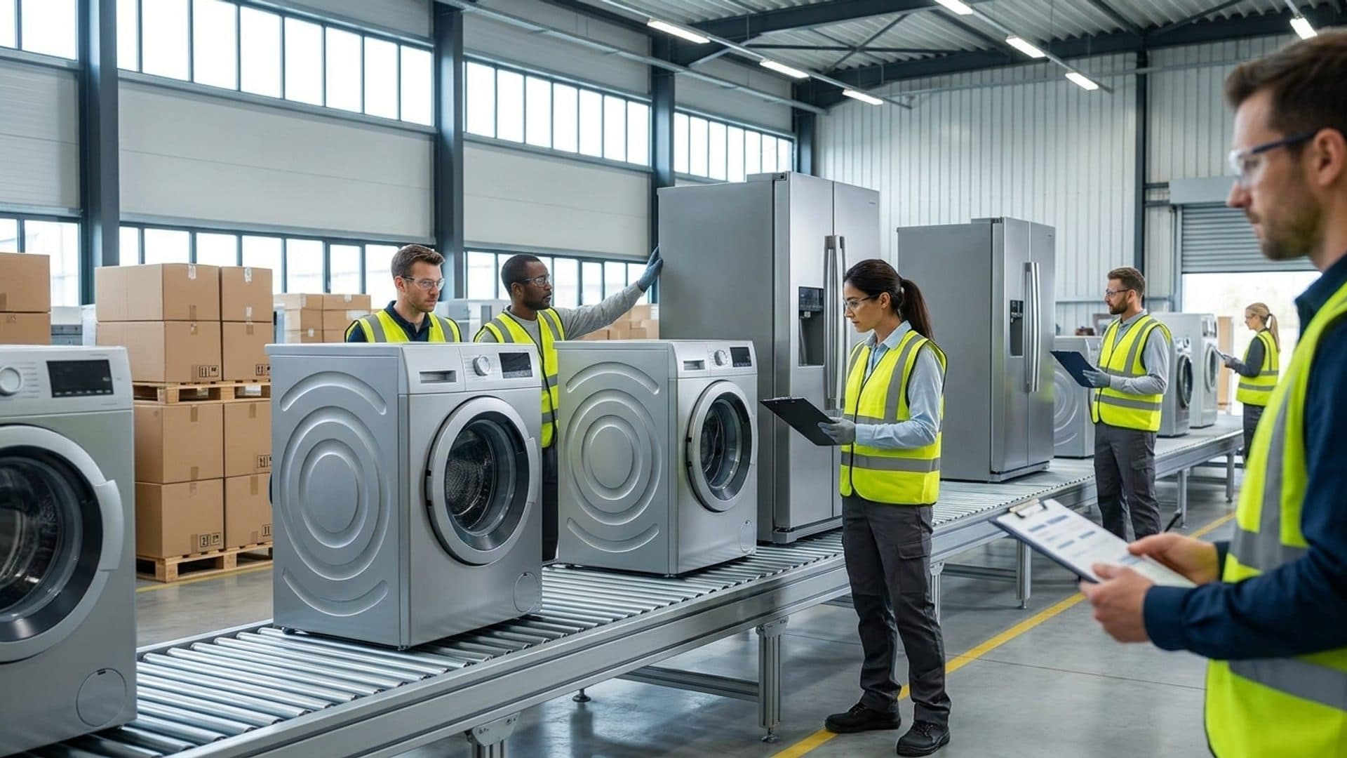 Appliances moving through a modern distribution warehouse