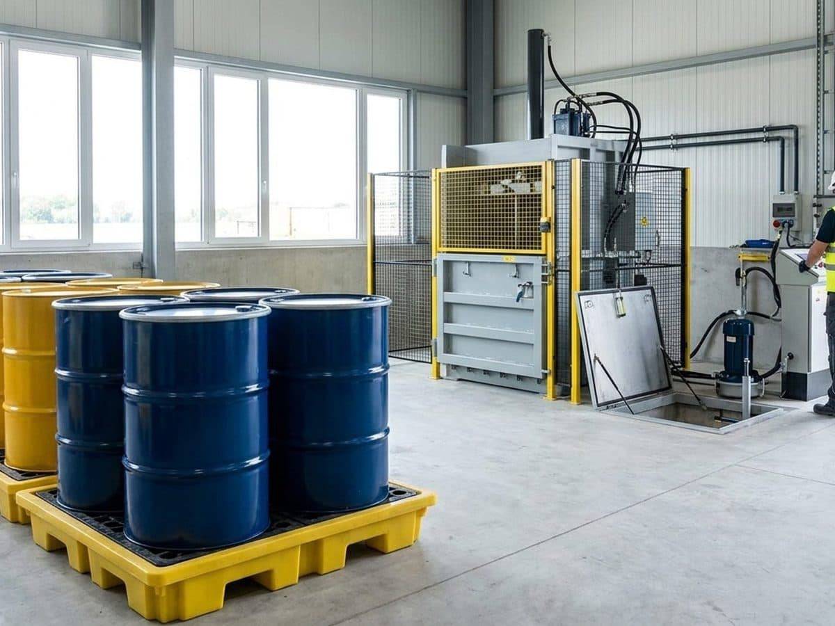 Industrial hazardous-waste area with containment and tank equipment