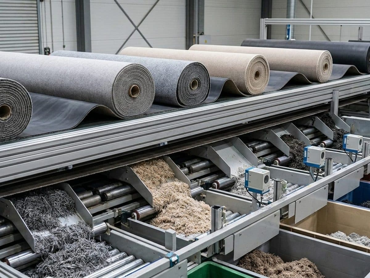Carpet rolls moving through a clean materials recovery line