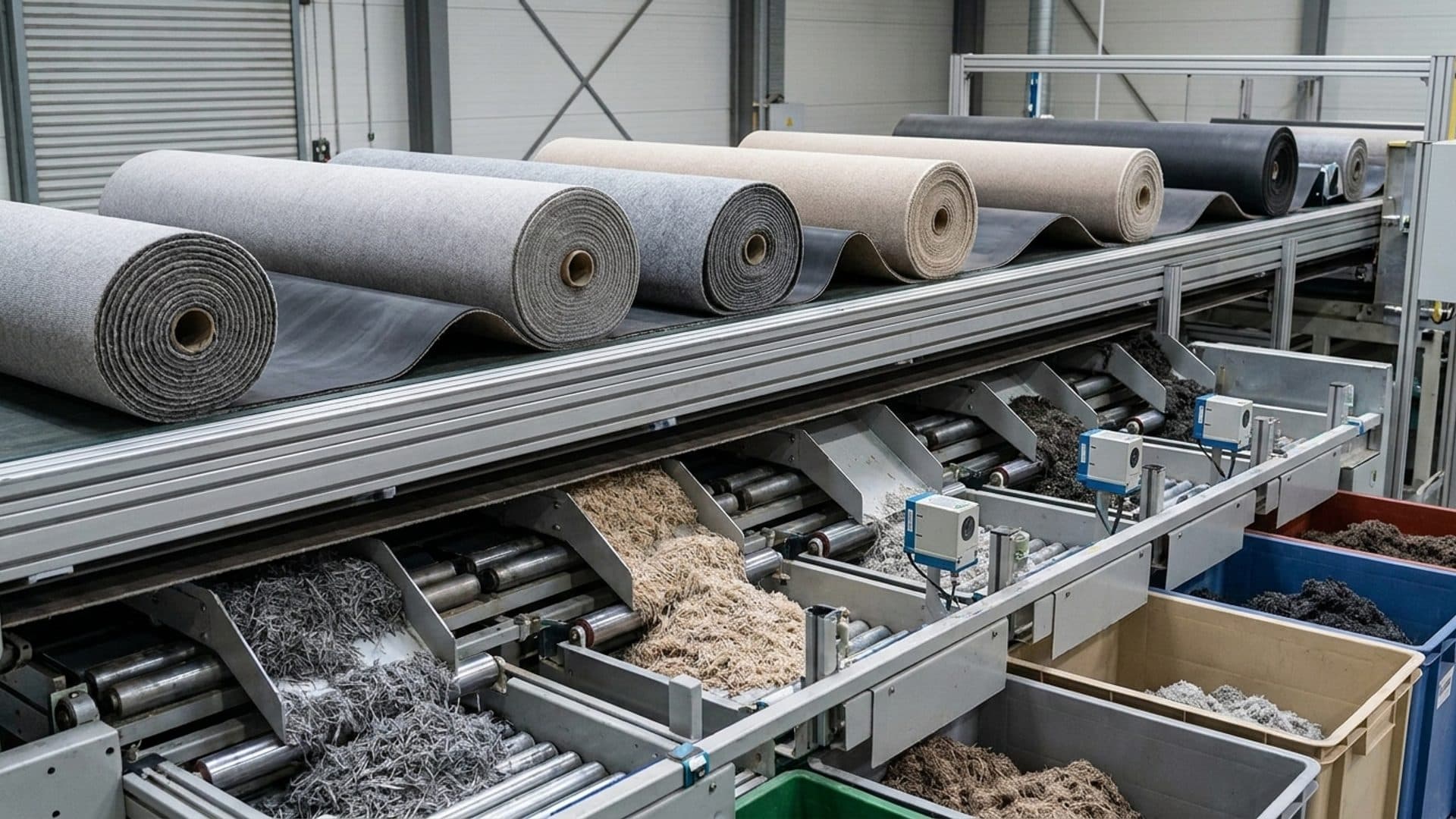 Carpet rolls moving through a clean materials recovery line