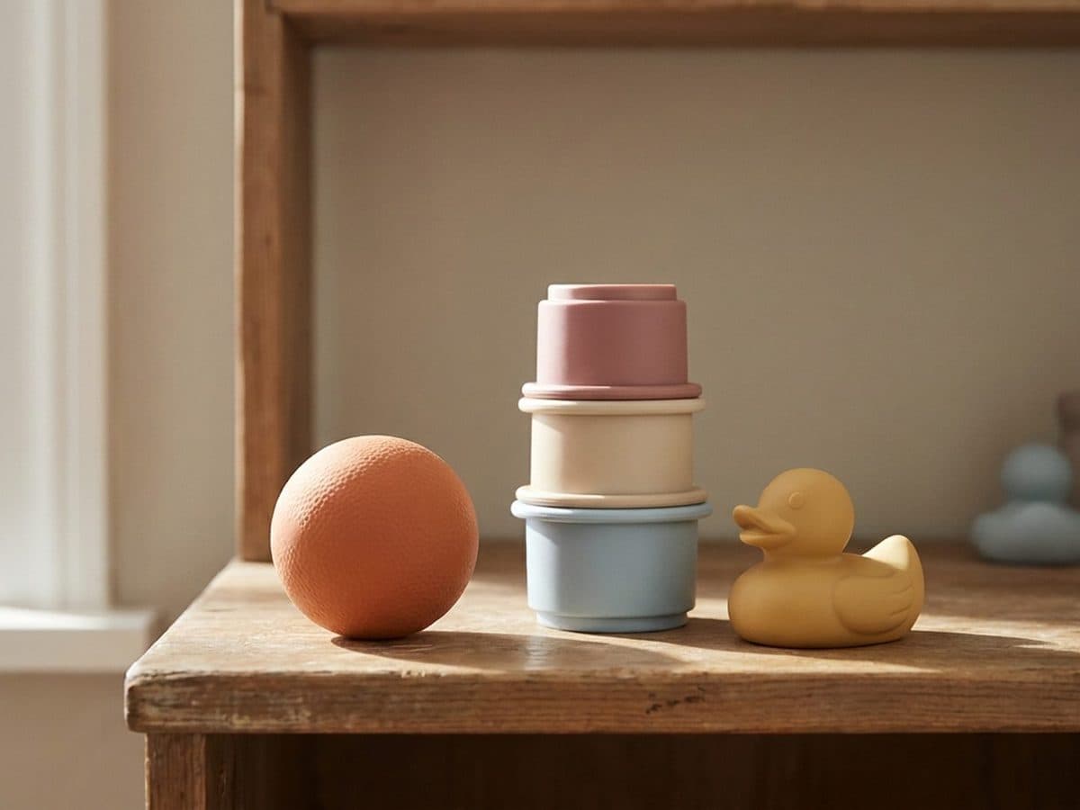 Generic children’s play objects on a sunlit shelf.