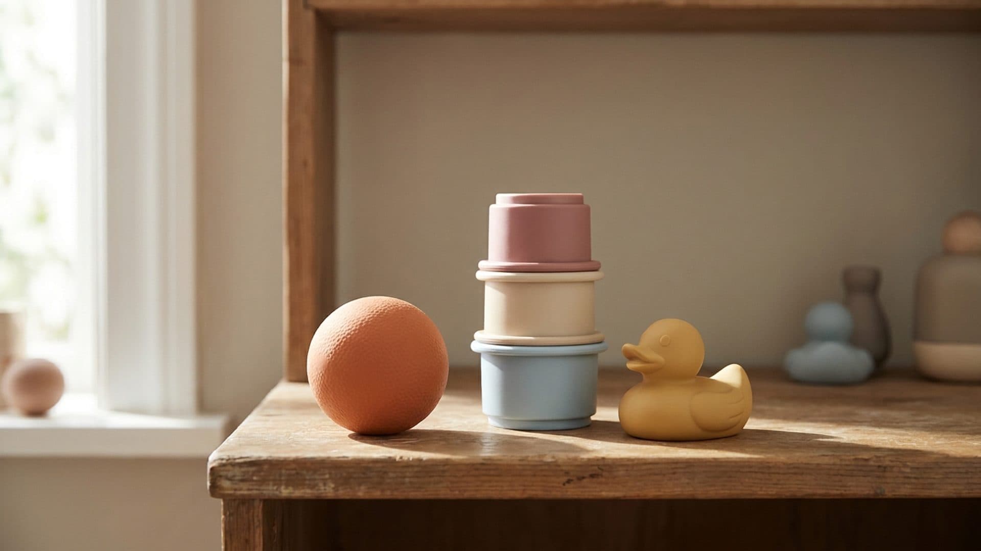 Generic children’s play objects on a sunlit shelf.