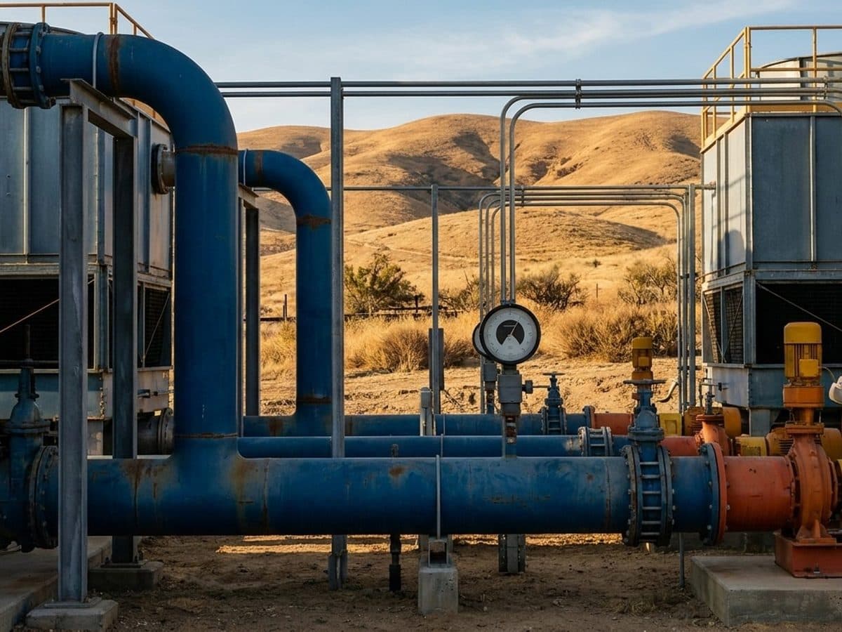 Data centre cooling plant with large water pipes and closed-loop equipment