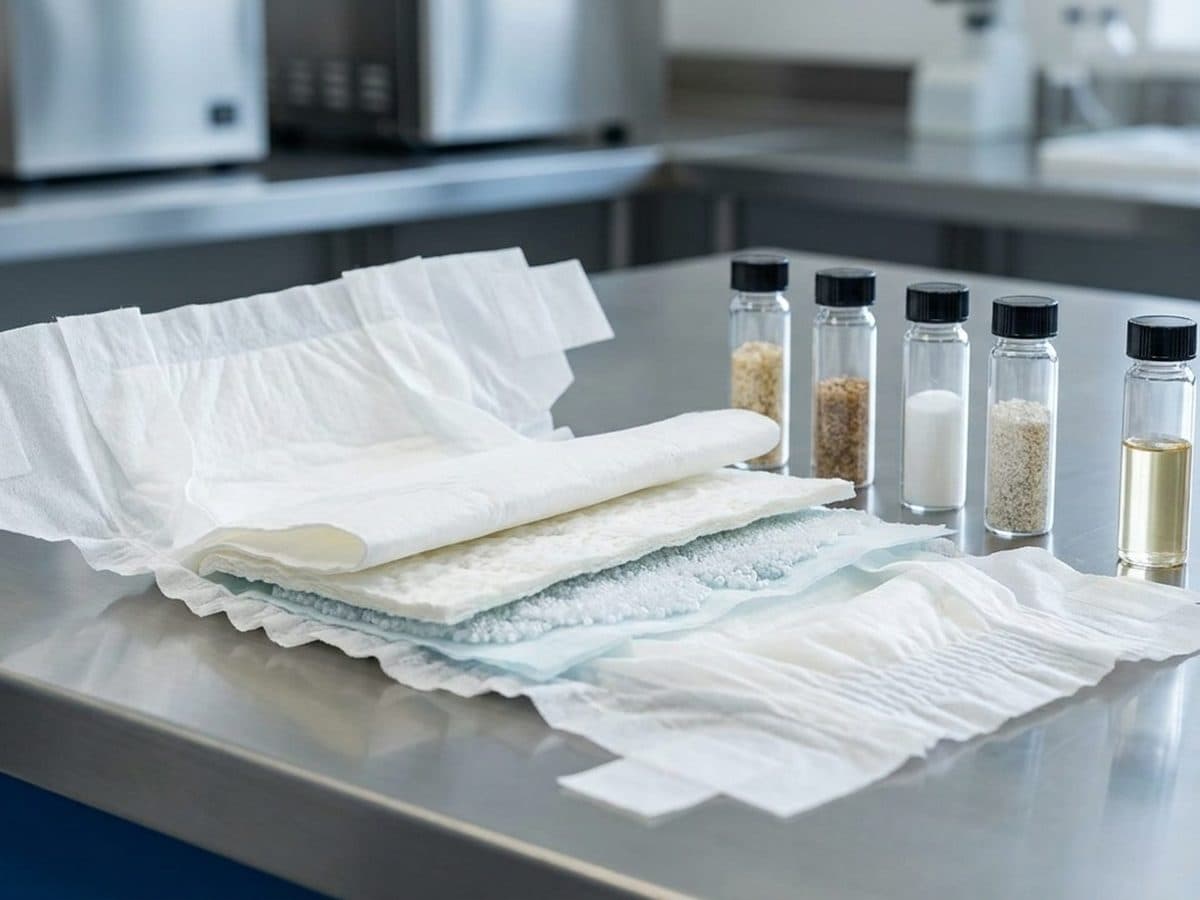 Plain diapers separated into material layers for a compliance review