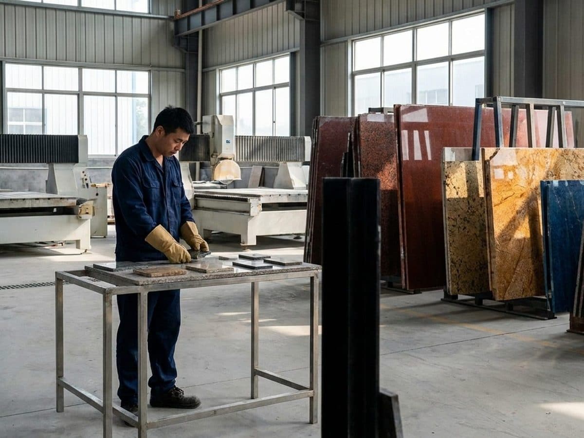 A worker inspecting stone samples beside stored slabs and idle workshop equipment