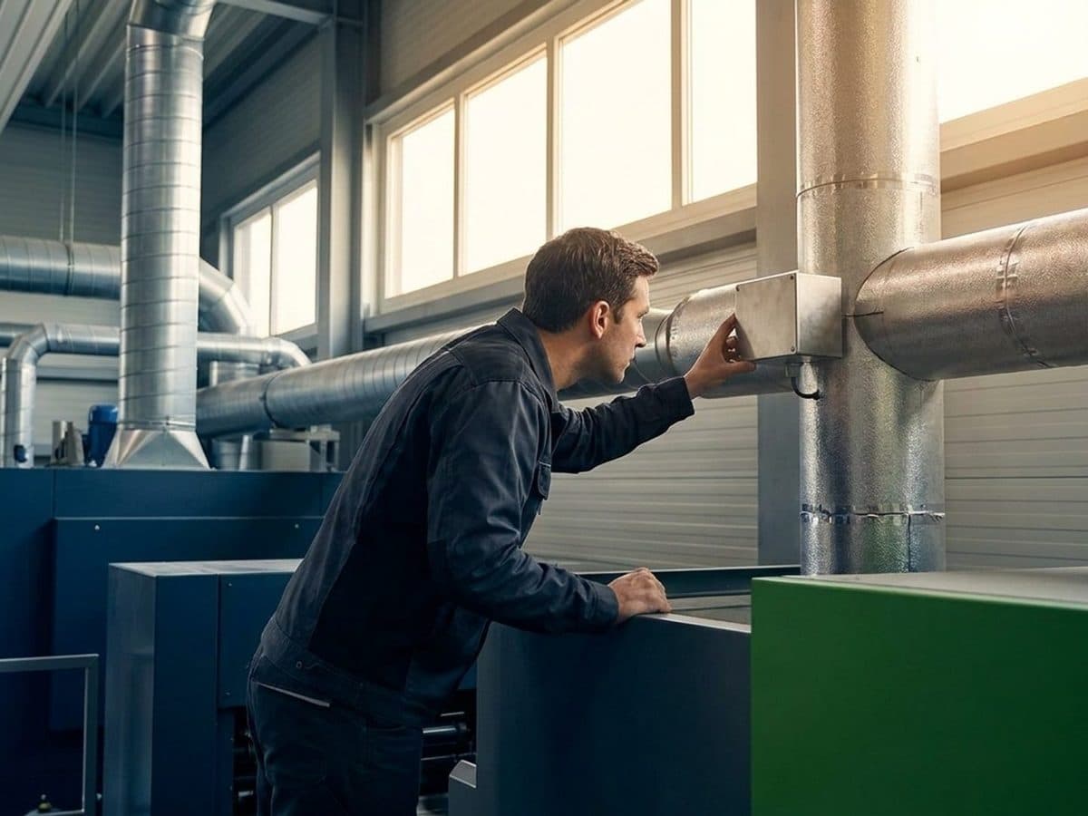 Sustainability professional inspecting emissions equipment in a manufacturing plant