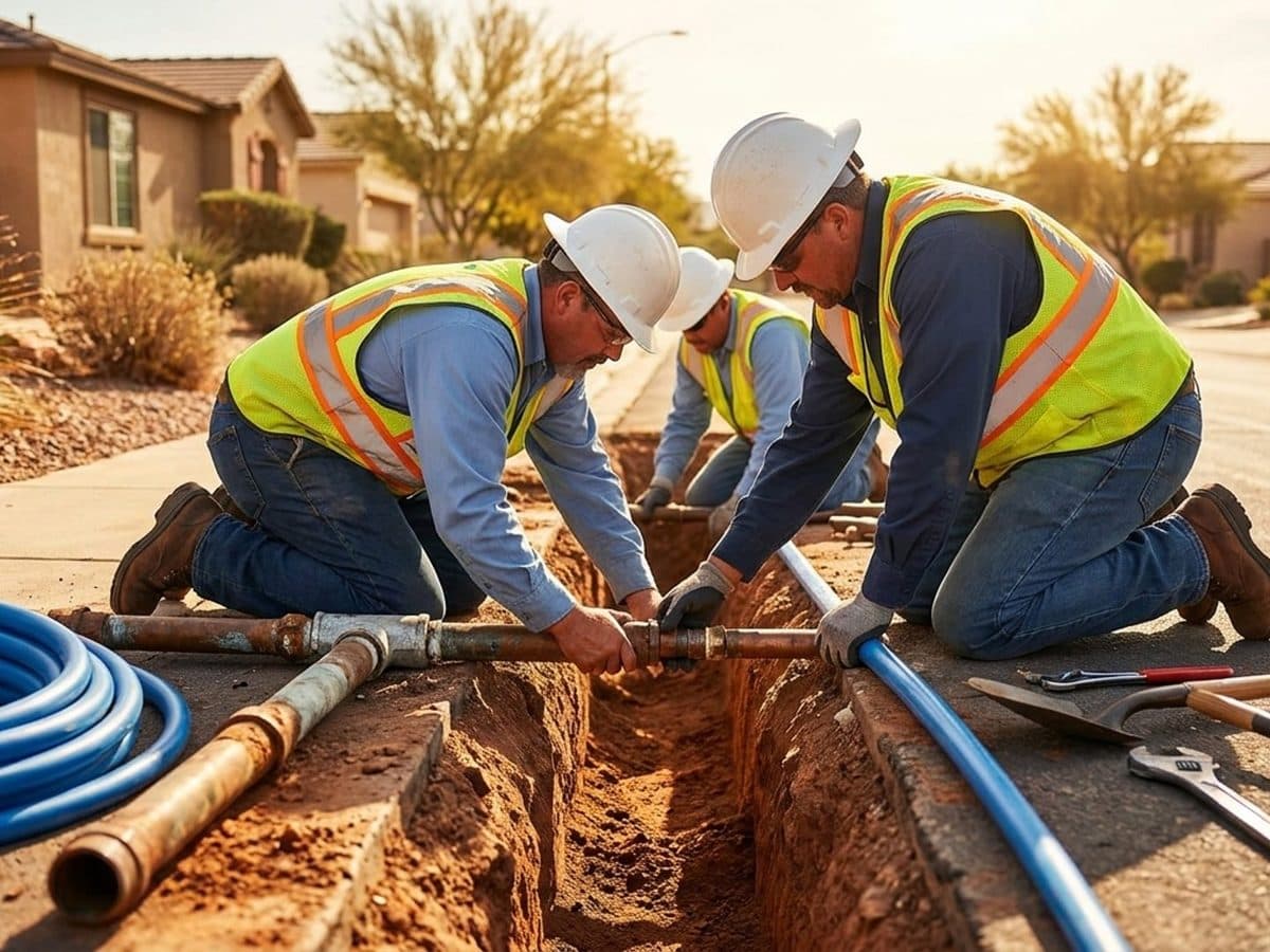 Water utility workers replacing an underground service line