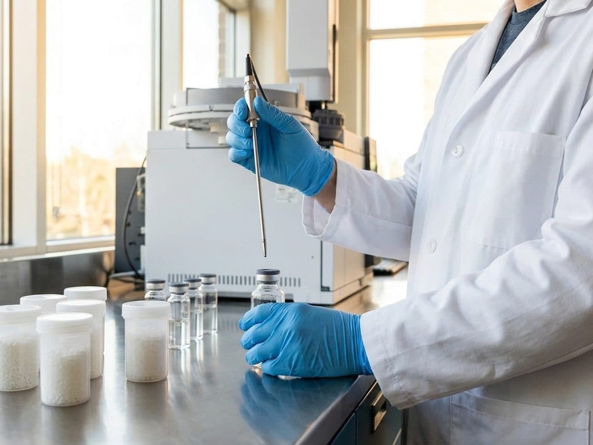 Laboratory analyst preparing a headspace release test beside plain polymer samples and sealed sample vials