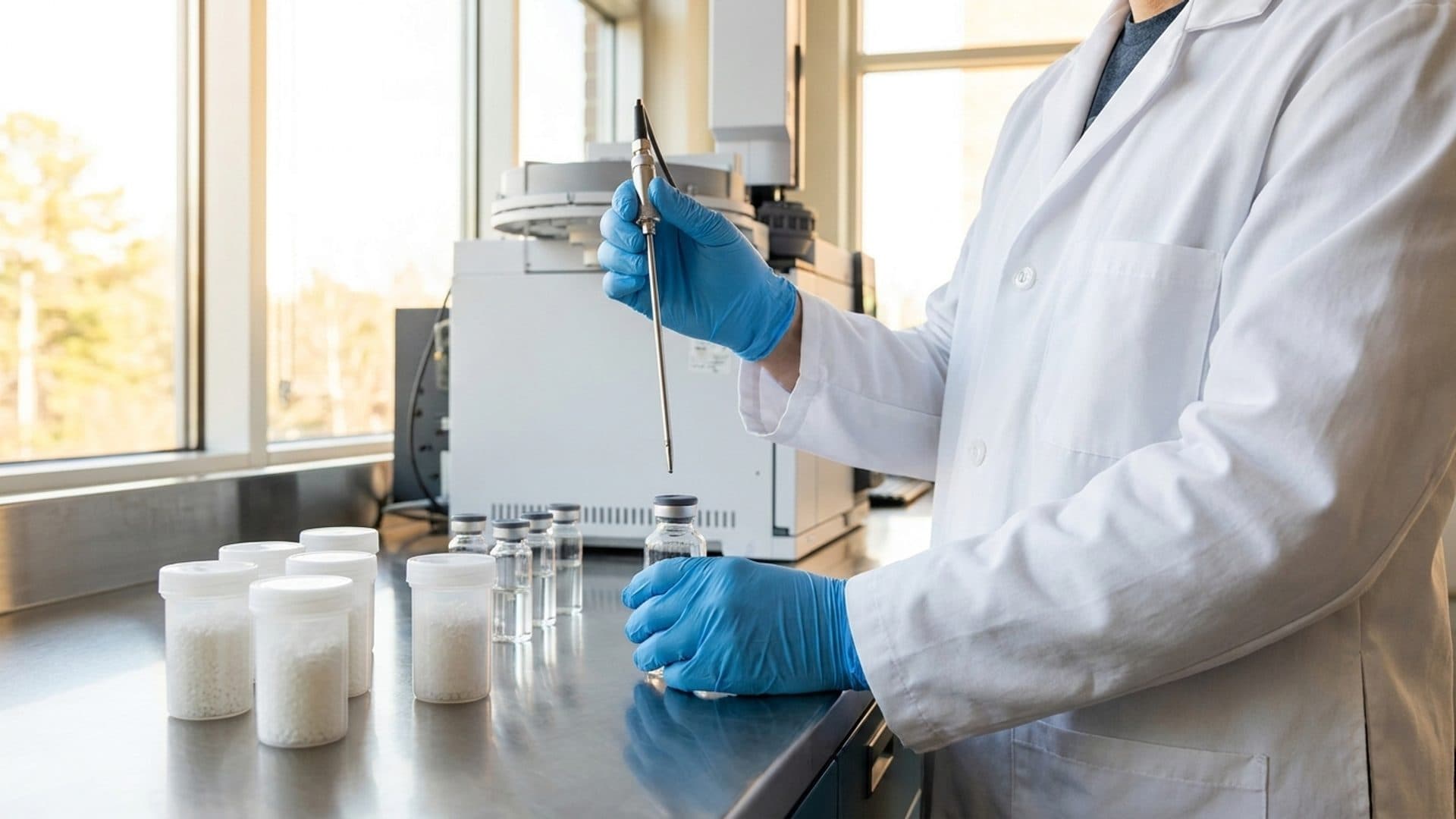 Laboratory analyst preparing a headspace release test beside plain polymer samples and sealed sample vials