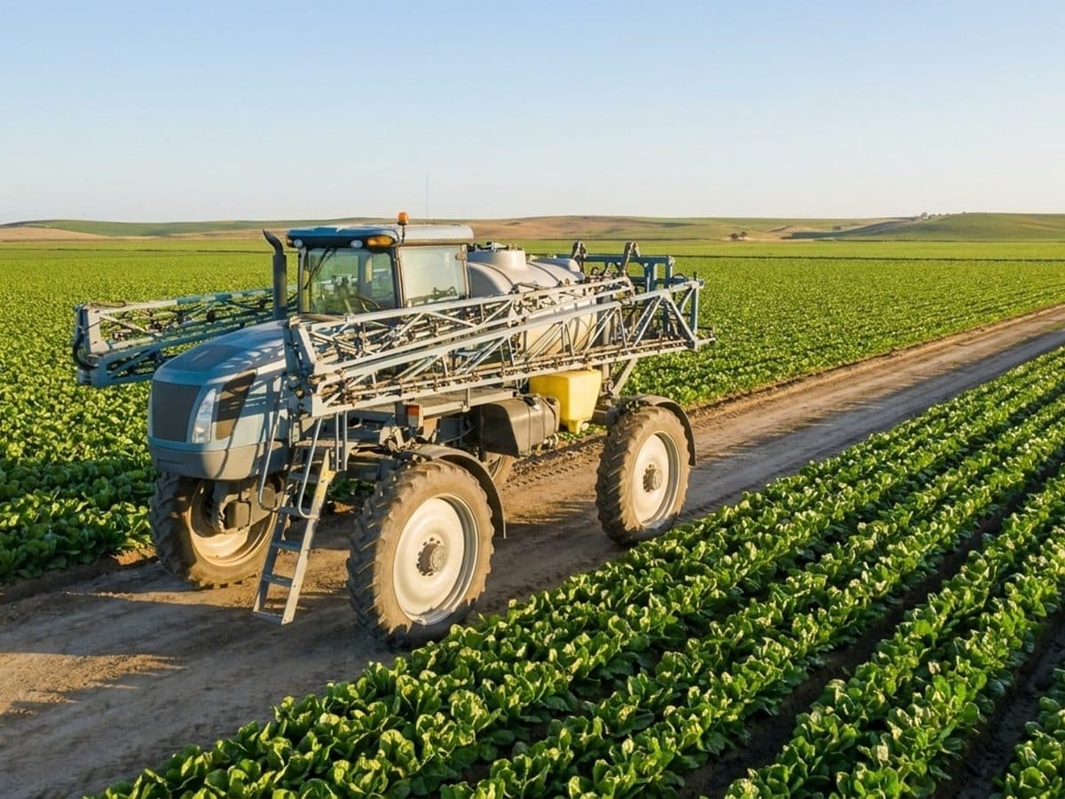 Unbranded agricultural sprayer parked beside California crop rows