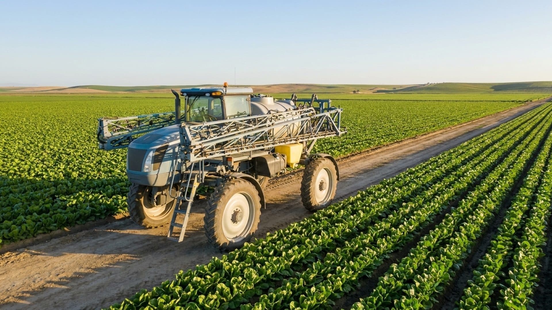 Unbranded agricultural sprayer parked beside California crop rows
