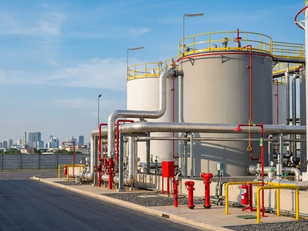 Cooled chemical storage tanks with emergency infrastructure near an urban boundary
