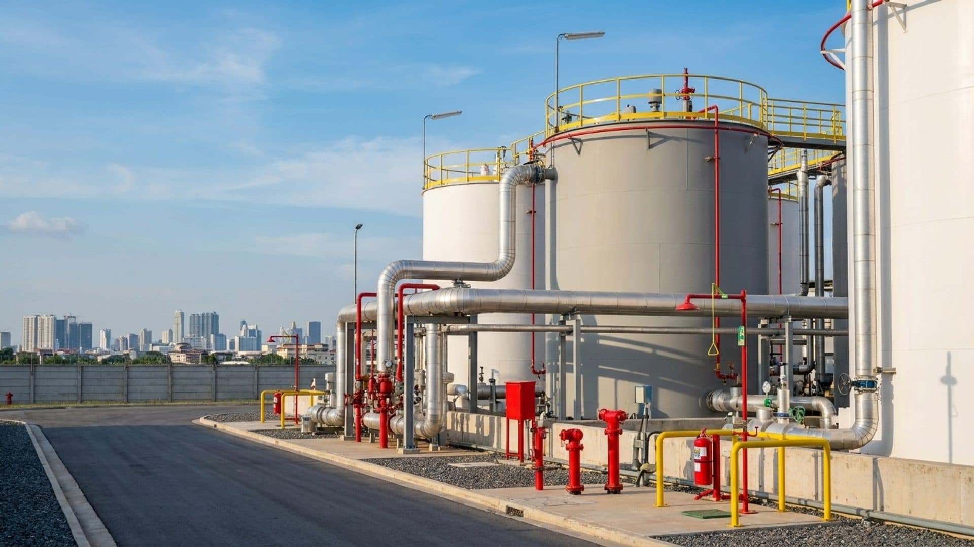 Cooled chemical storage tanks with emergency infrastructure near an urban boundary