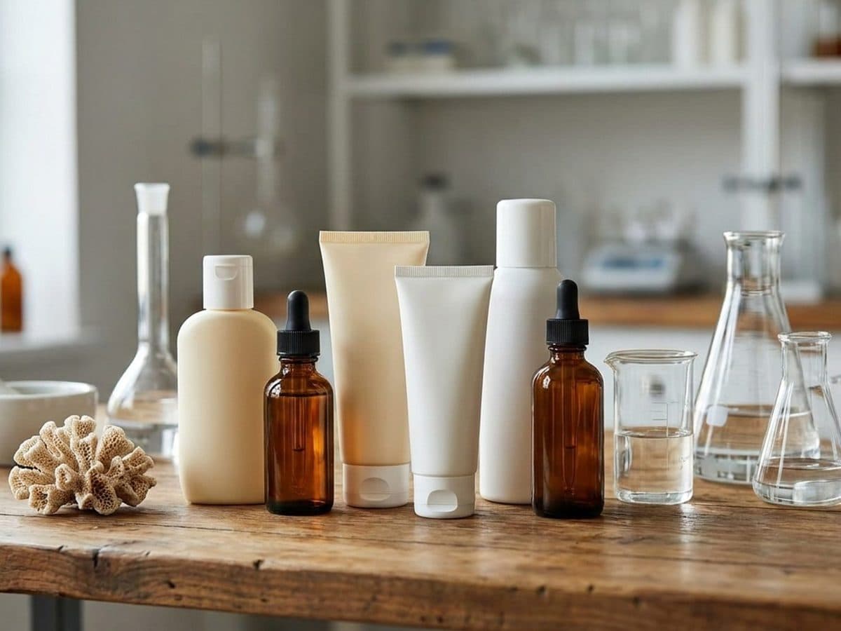 Unbranded sunscreen containers beside formulation glassware and coral