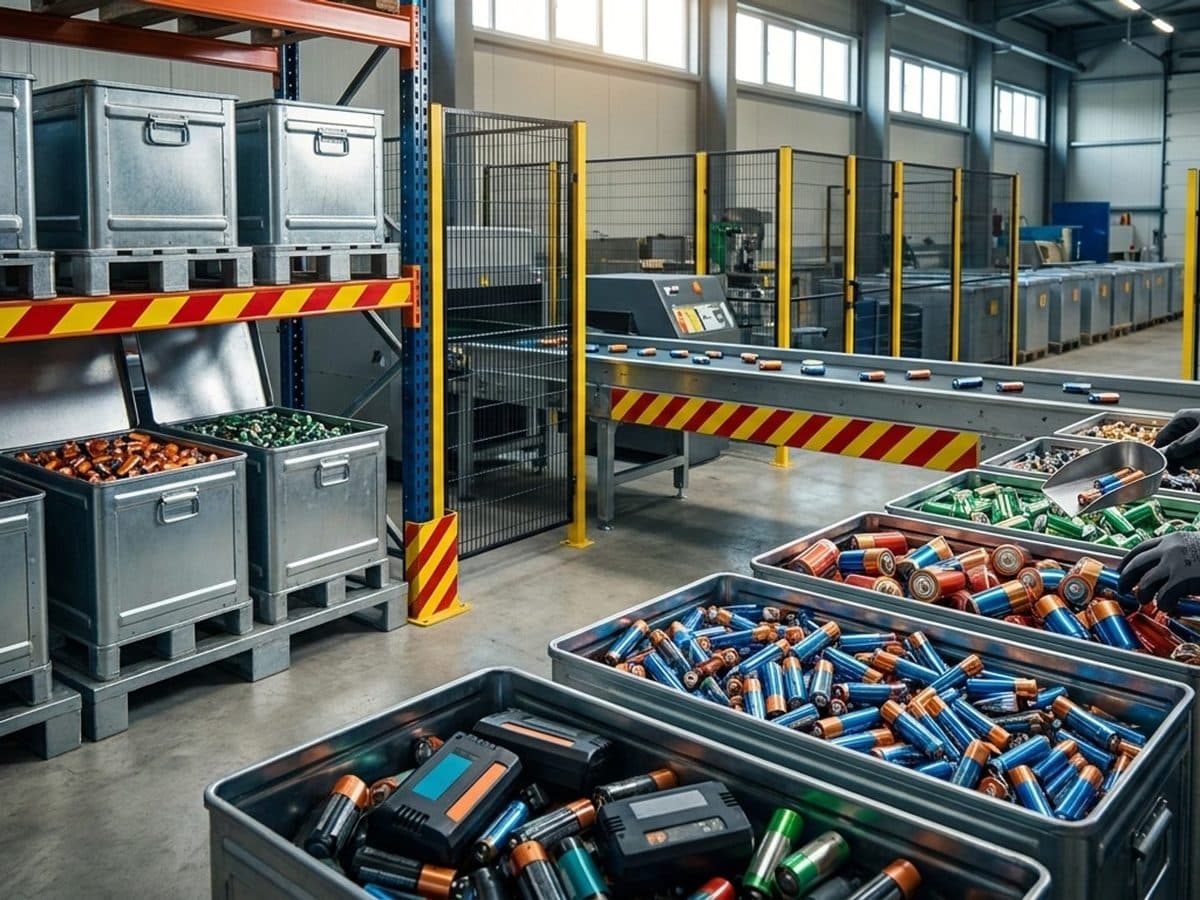Sorted batteries in fire-safe containers at a recycling facility