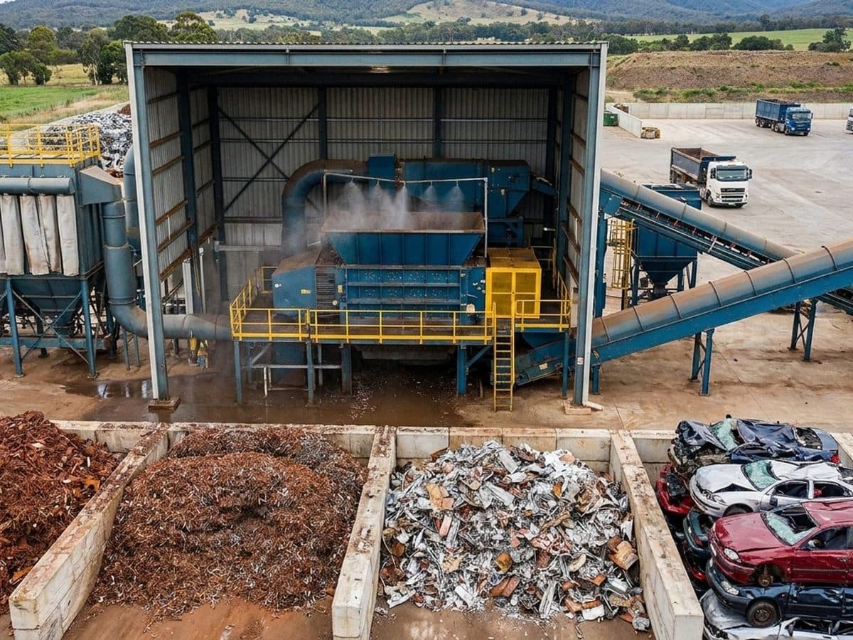 Modern metal shredding facility with segregated scrap stockpiles