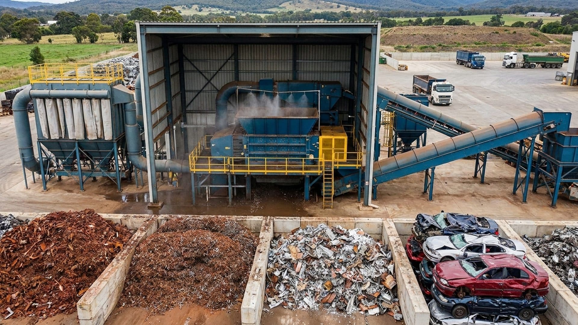 Modern metal shredding facility with segregated scrap stockpiles