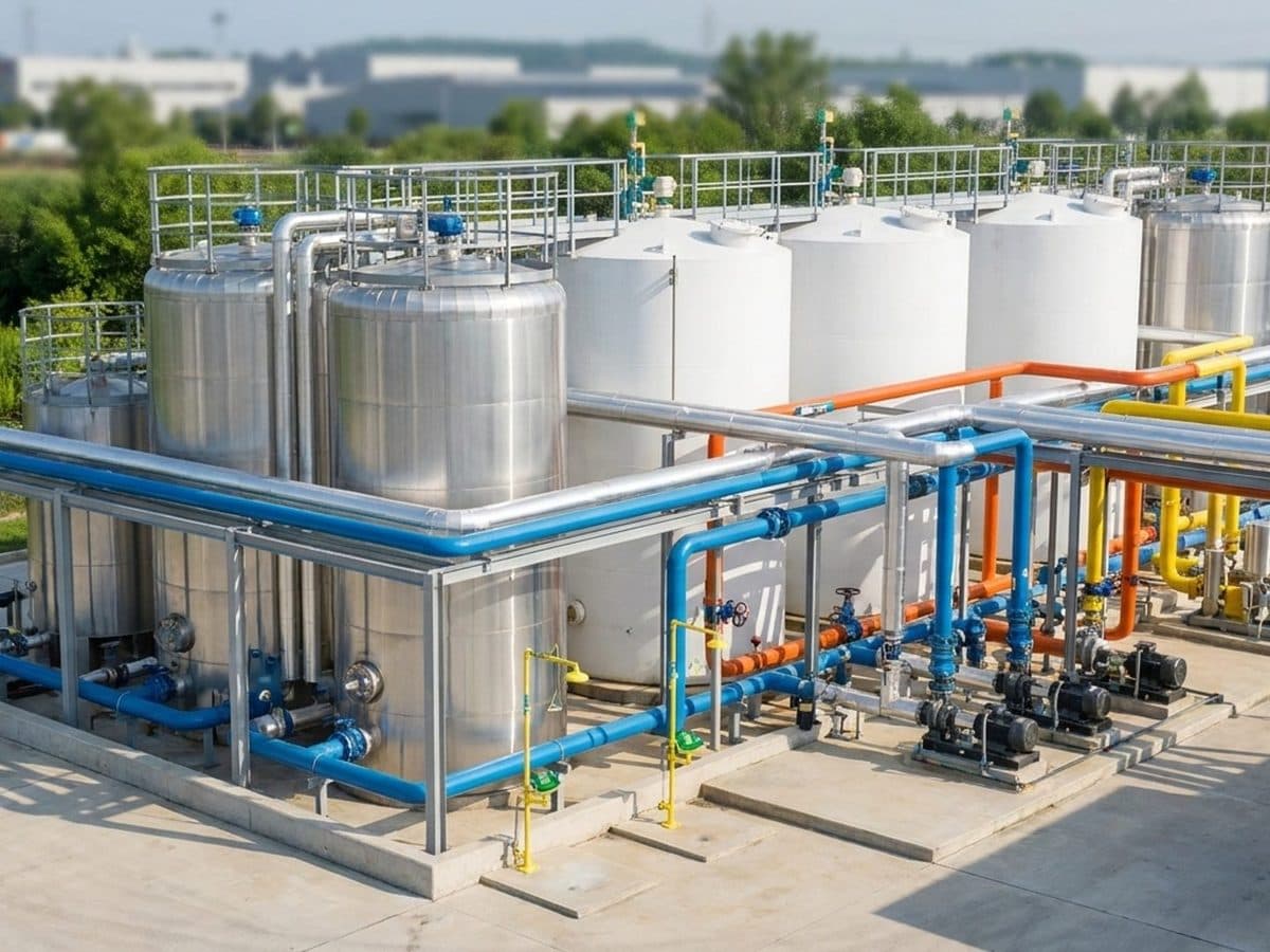 Cooled chemical storage tanks at a modern industrial facility