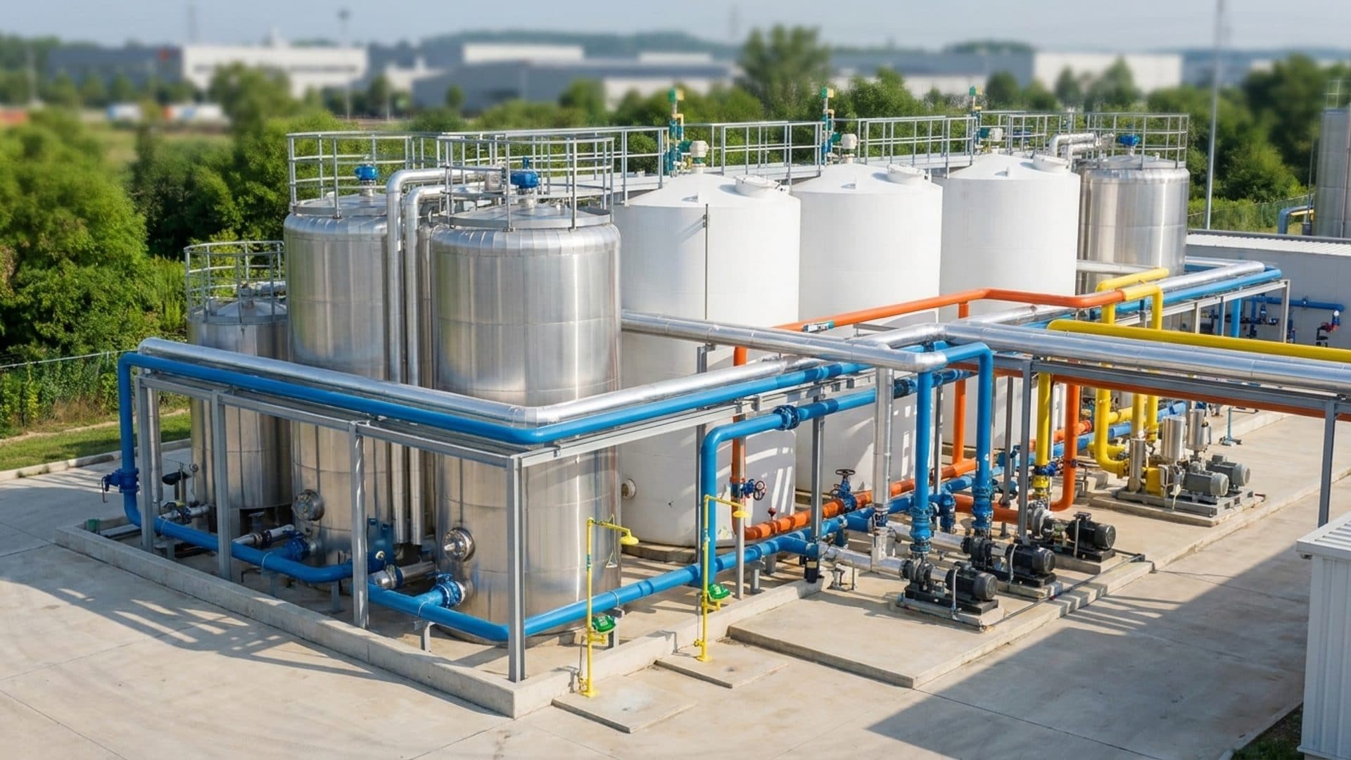 Cooled chemical storage tanks at a modern industrial facility